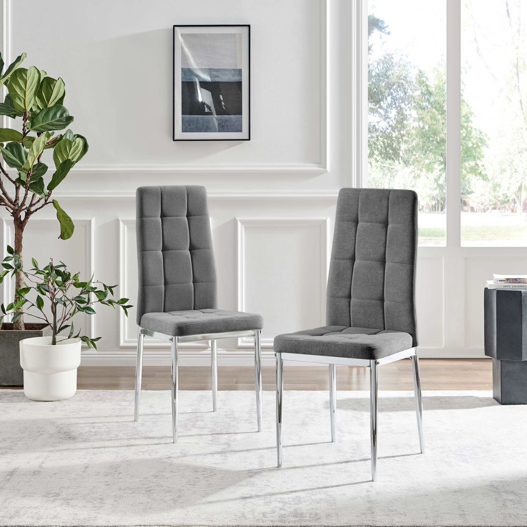FurnitureboxUK Set 2 Paloma Modern Fabric Dining Chairs On Silver Legs in Grey