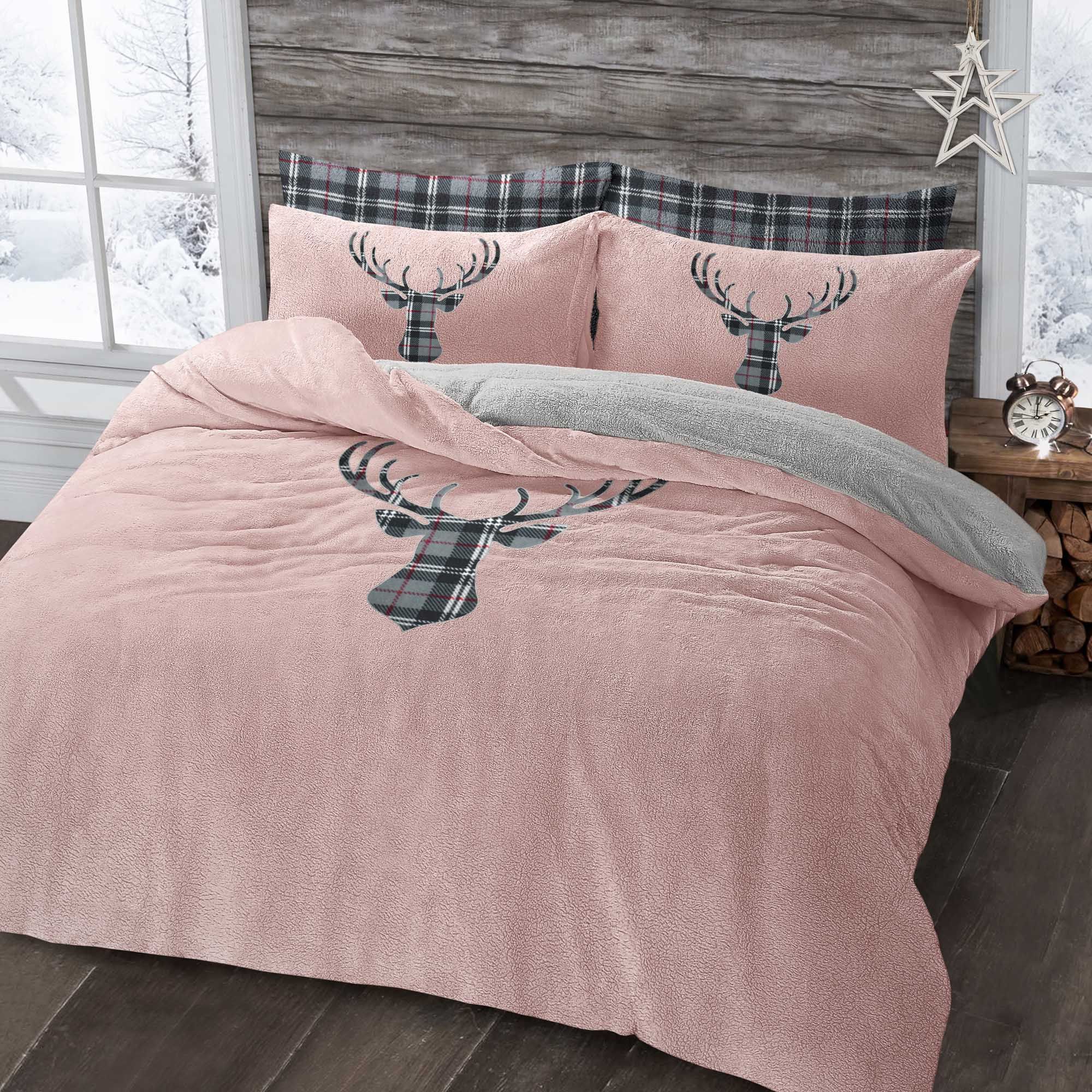 Velosso Stag Head Teddy Warm & Cosy Duvet Cover & Pillowcase Set in Pink