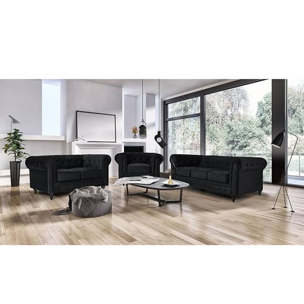 Bliss Furniture Velvet Chesterfield Sofa Suite Armchair 2 & 3 in Black