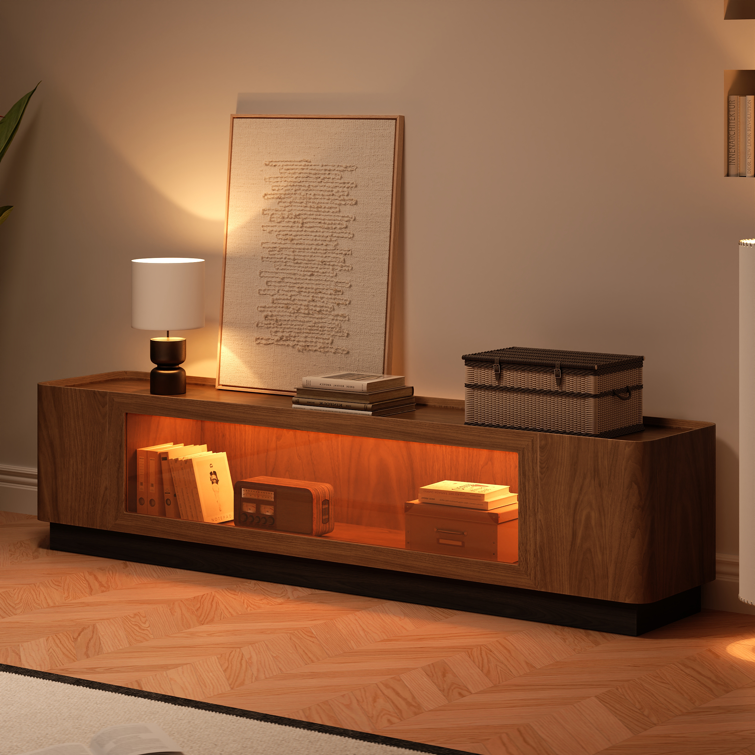 2000mm Glass Door TV Stand Mid Century Modern Wood Media Console with Storage & LED in Walnut