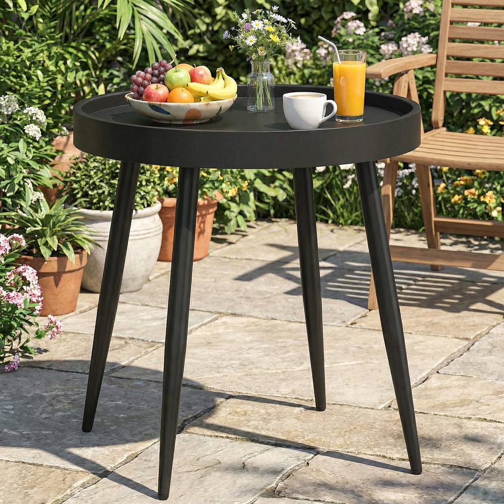 OUTSUNNY Round Garden Table, Outdoor Coffee Side Table with Plastic Top in Black