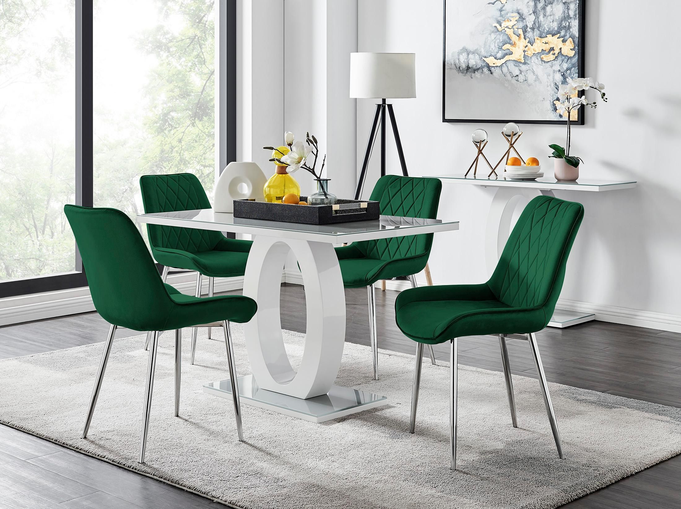 FurnitureboxUK Giovani 4 Grey Dining Table & 4 Pesaro Silver Leg Chairs in Green