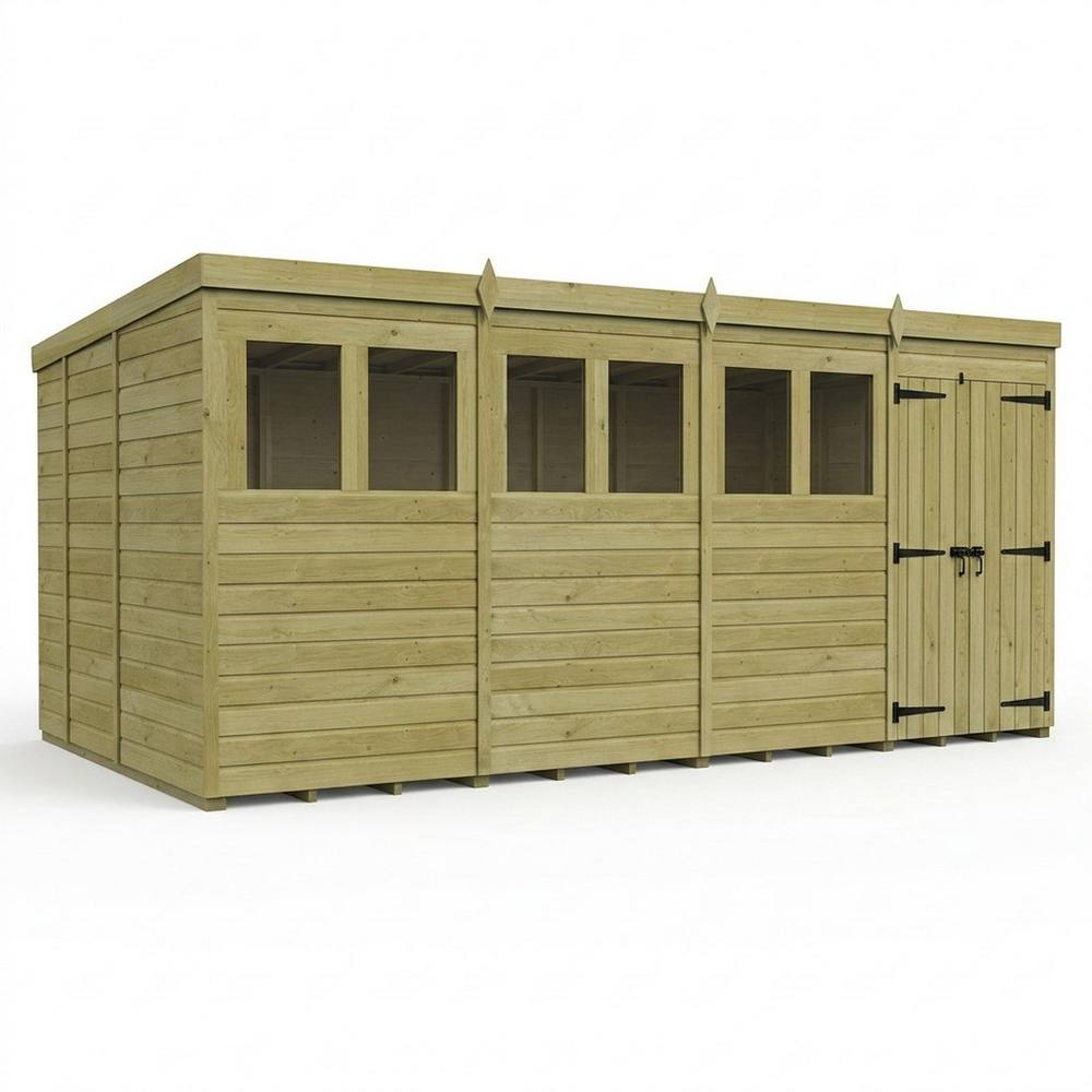 Buttercup Farm 16ft x 9ft Pent Garden Shed Double Door With Windows - Timber in Natural