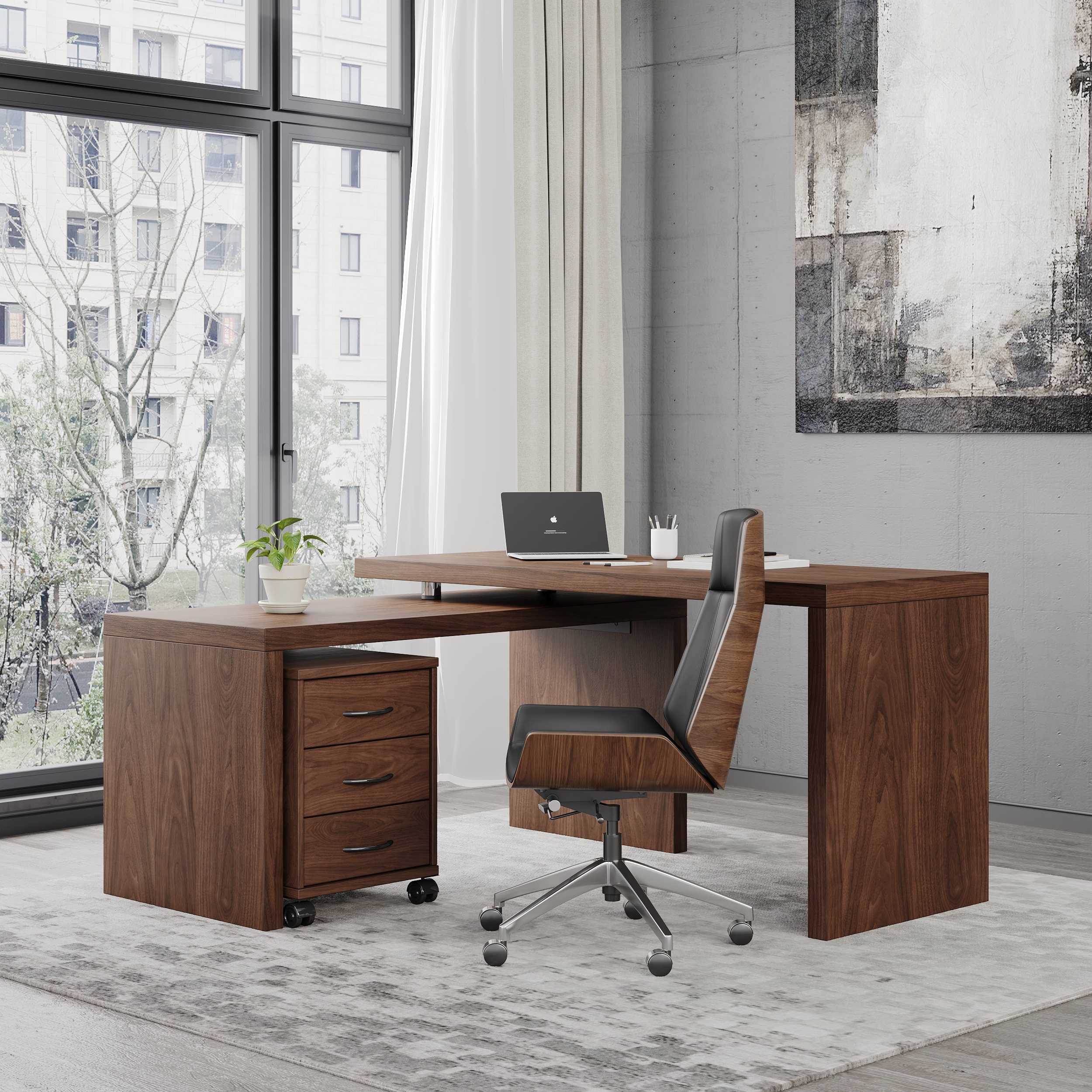 Modern L Shaped Executive Office Desk with with Movable File Cabinet Walnut Swivel Desk Office Furniture (150 cm )