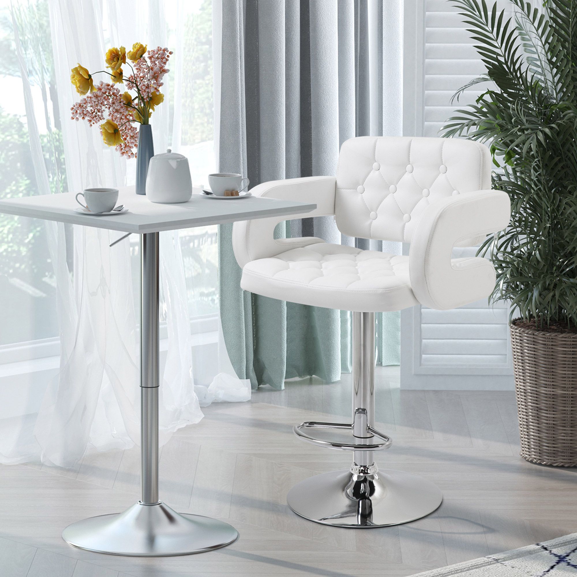 HOMCOM Adjustable Height Barstool Steel Pole PU Leather Bistro in White