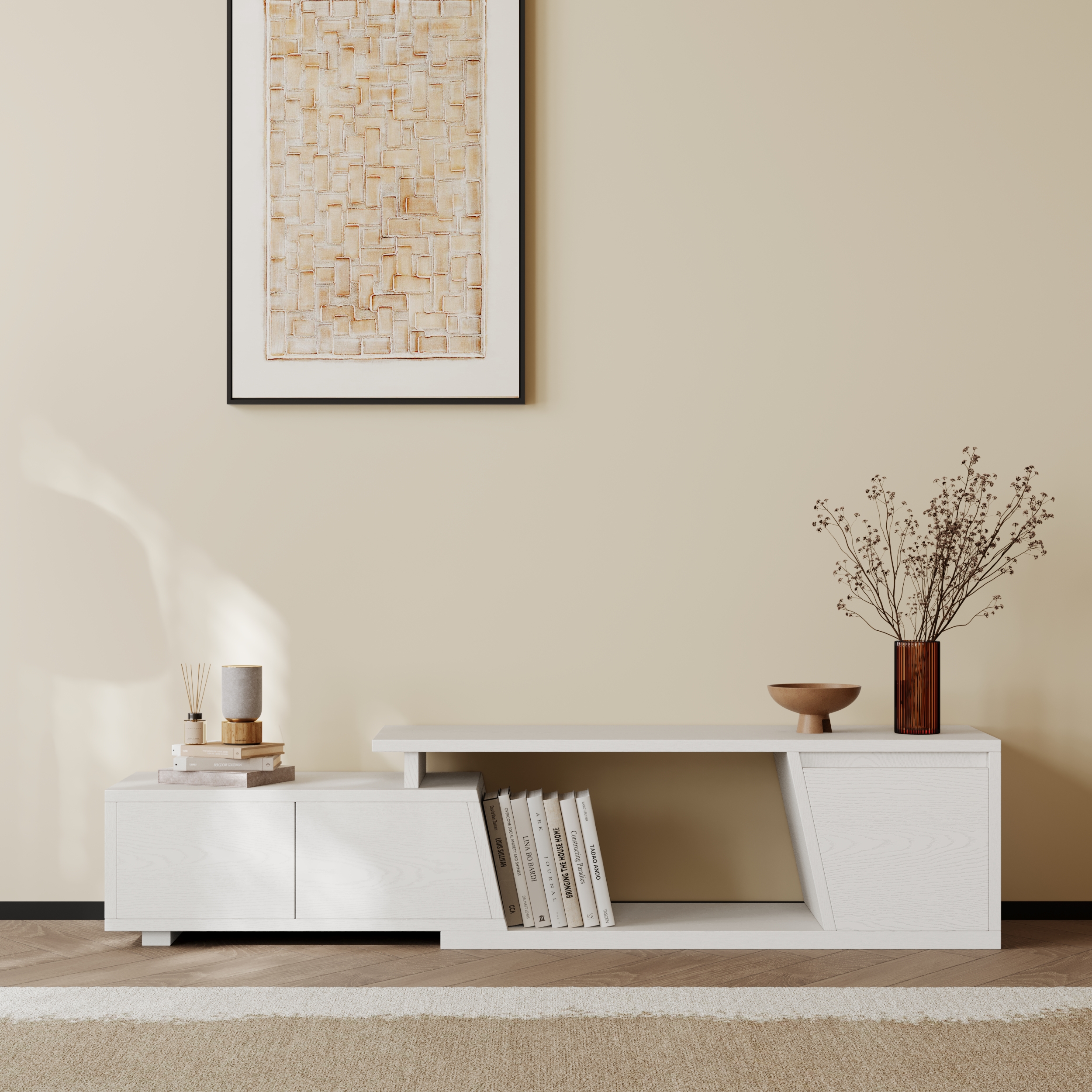 Fero White Extendable TV Stand with 3 Drawers 1200 mm - 1800 mm