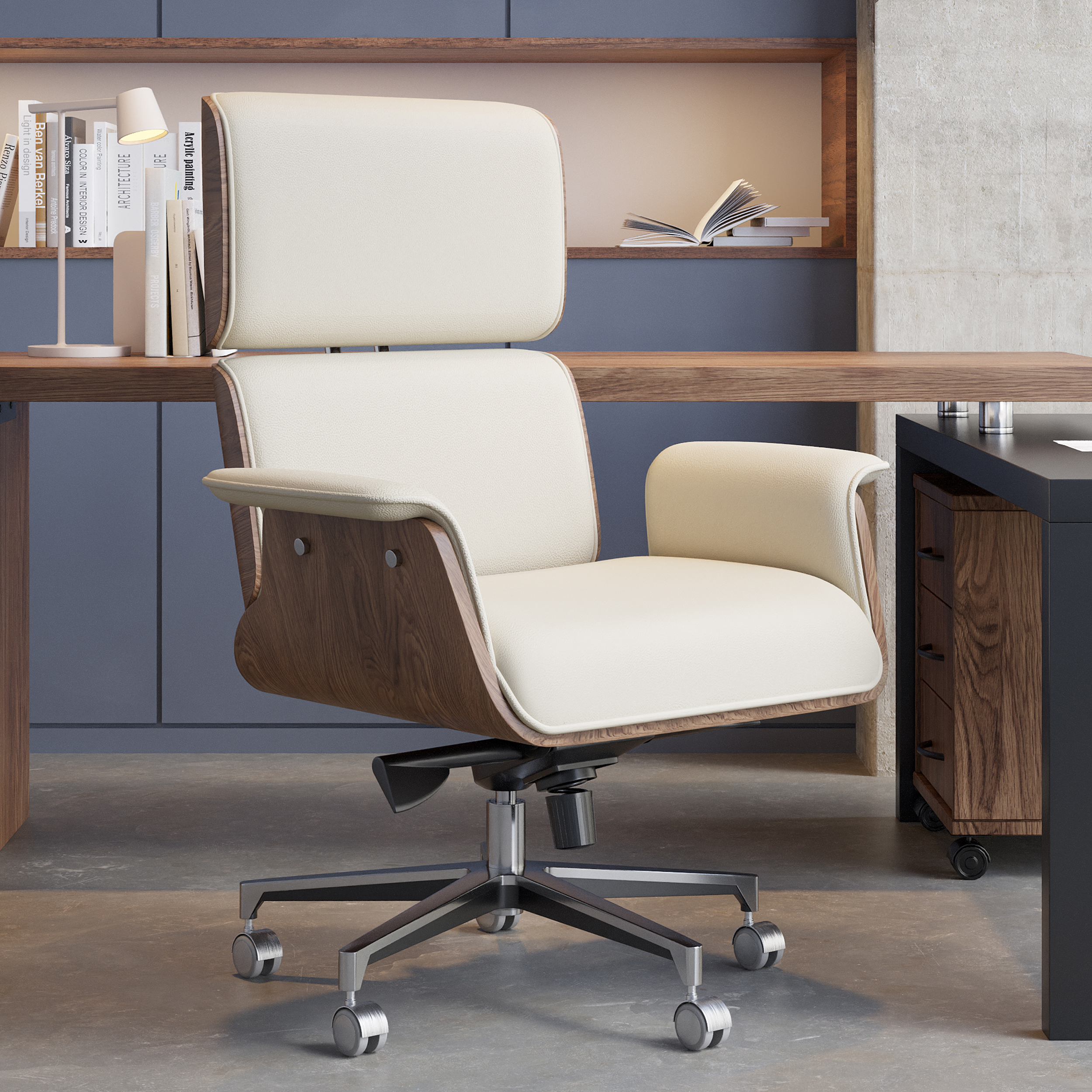 Modern Off White Home Office Chair Upholstered Swivel Task Office Chair High Back