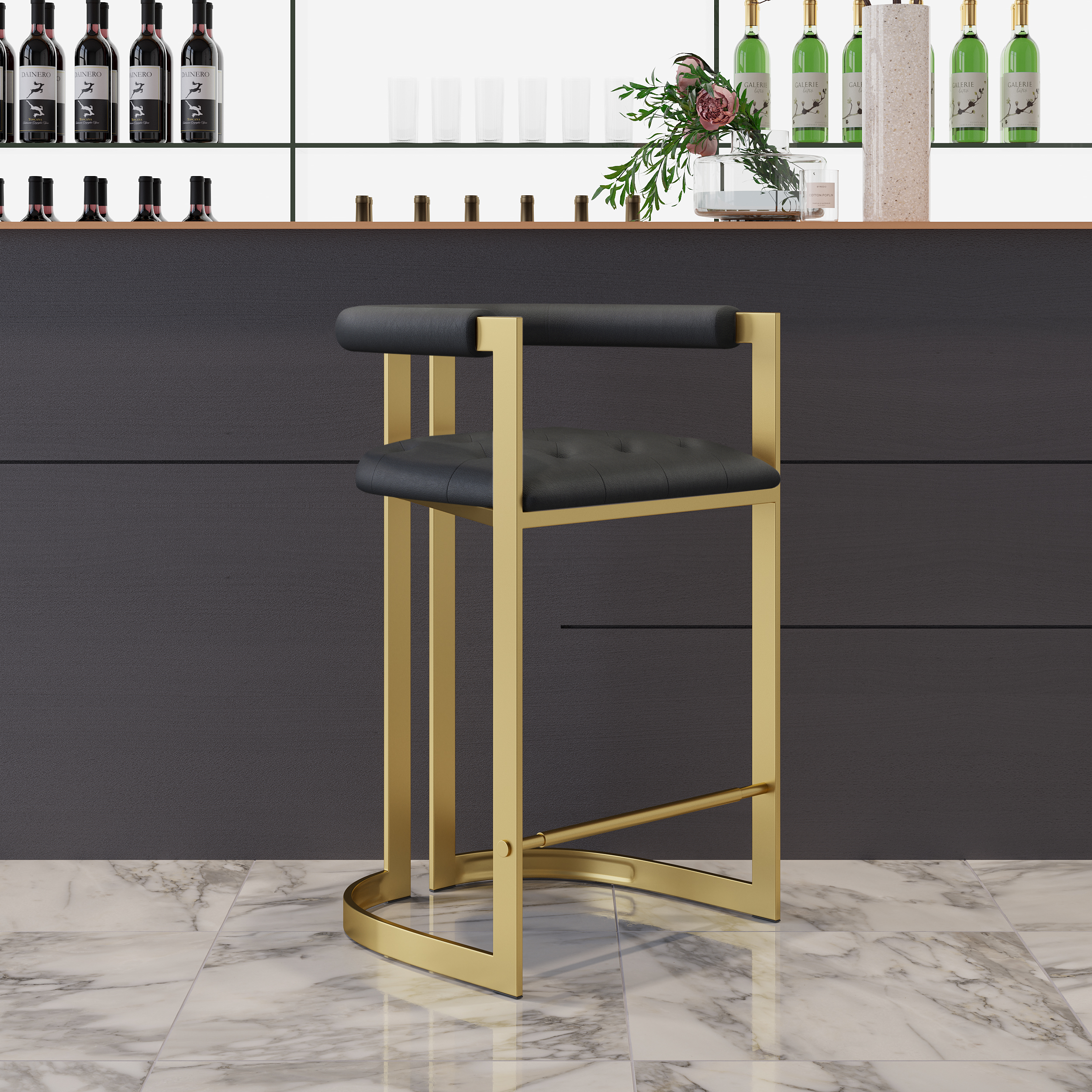 Modern Counter Stool Bar Stool with Back Black Upholstery in Gold