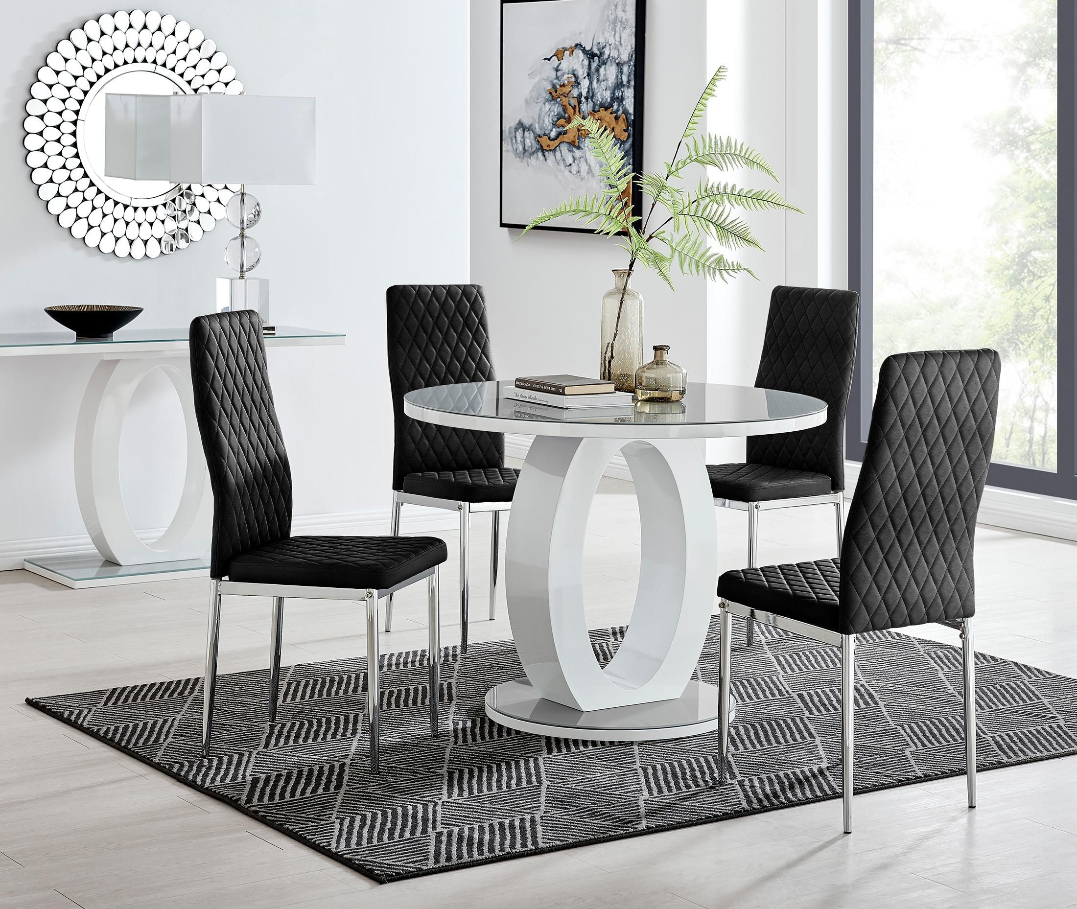 FurnitureboxUK Giovani Round 4 Seat 100cm White High Gloss Halo Base Grey Glass Top Dining Table 4 Soft Velvet Silver Leg Milan Chairs in Black