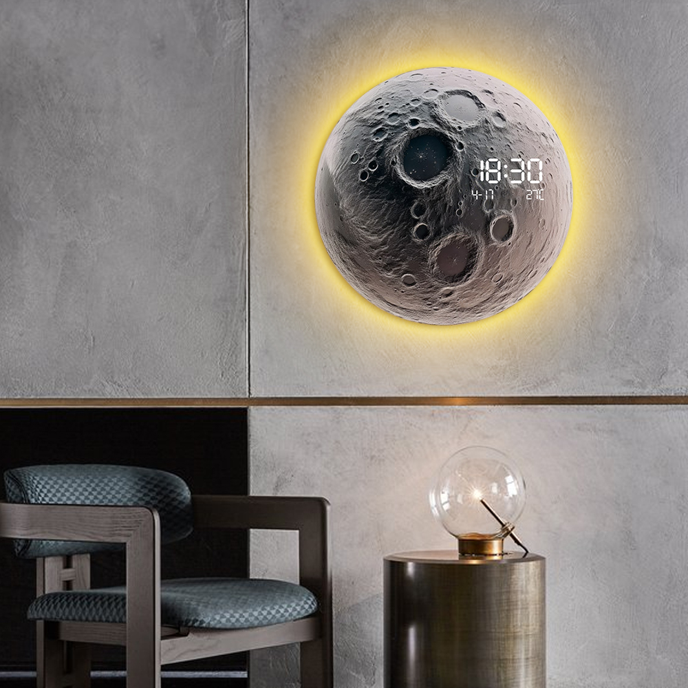Moon-Shaped LED Wall Clock Modern Round Decor Art Living Room Bedroom