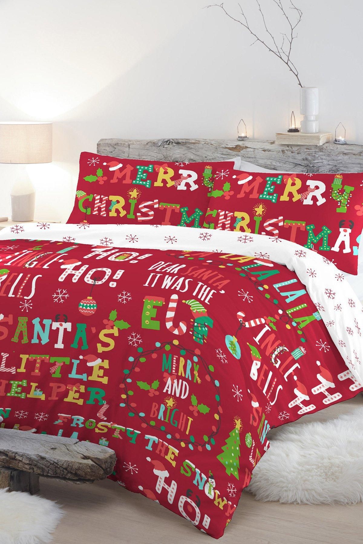 Fusion 'Santa's Little Helper' Text Crazy Festive Print Duvet Cover Set in Red