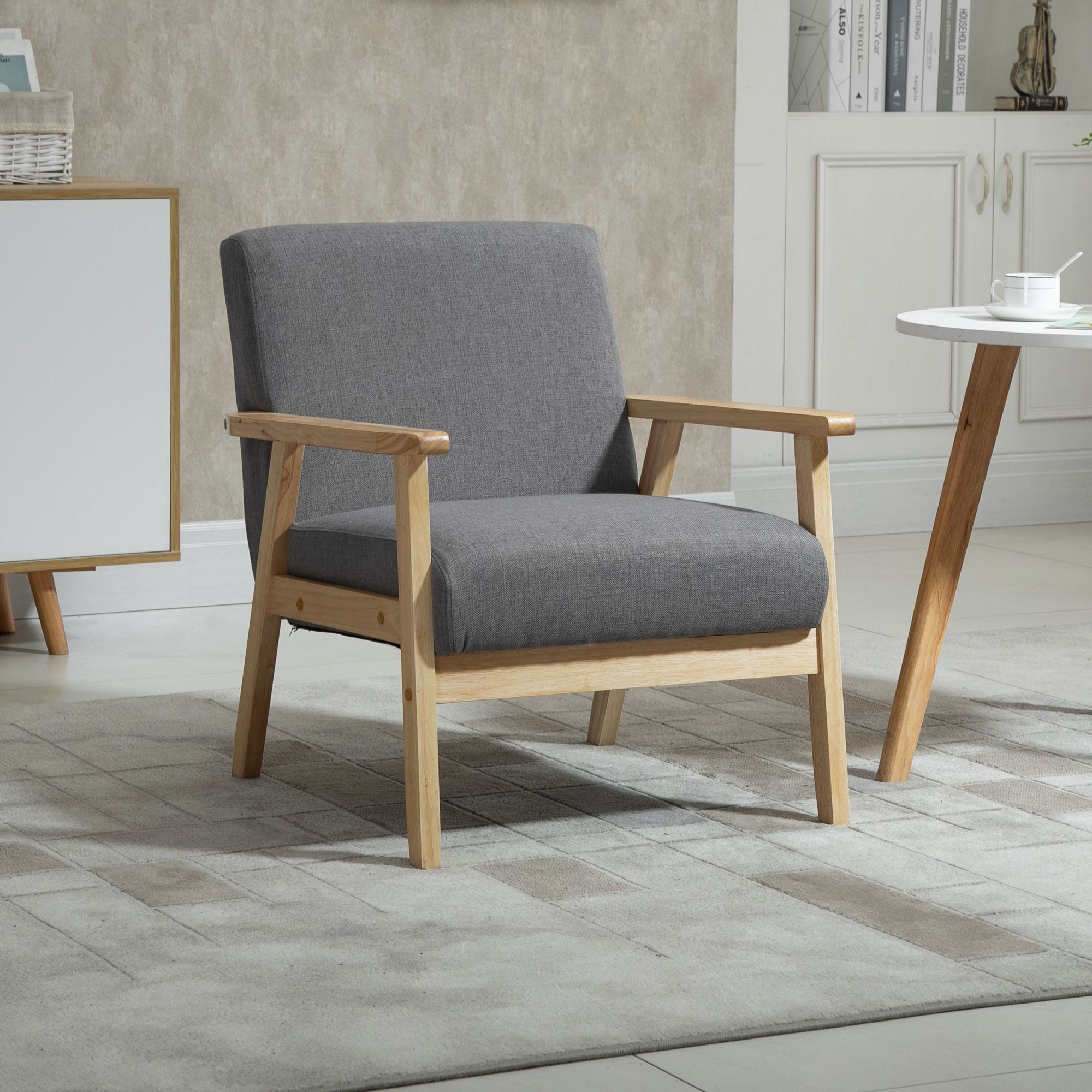 HOMCOM Accent Chair with Wood Frame Wide Seat Linen Armchair in Grey