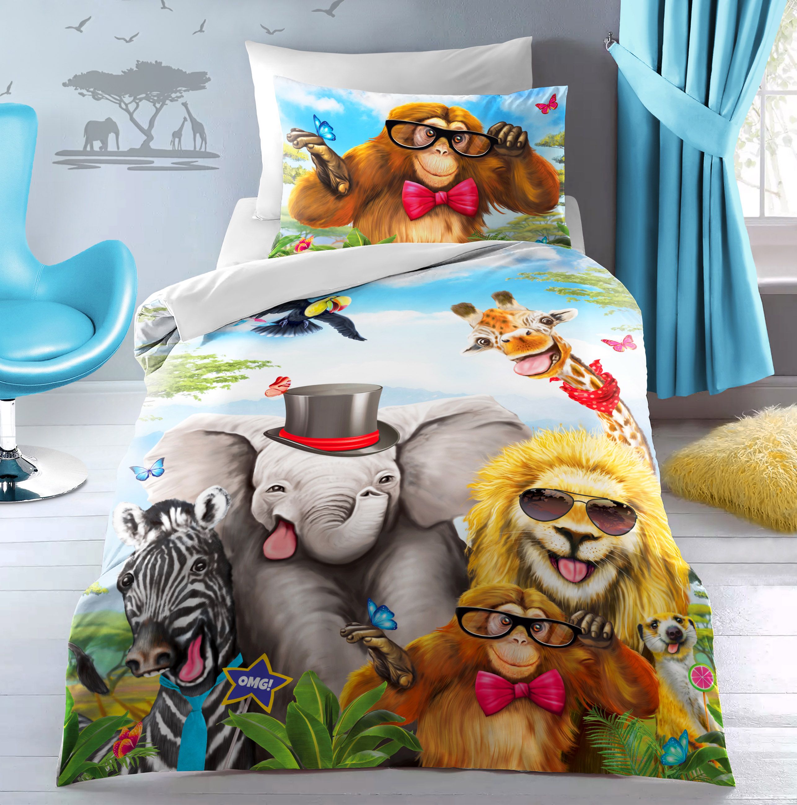 Velosso Selfie Animal Cotton Rich Printed Duvet Cover & Pillowcase Set in Red
