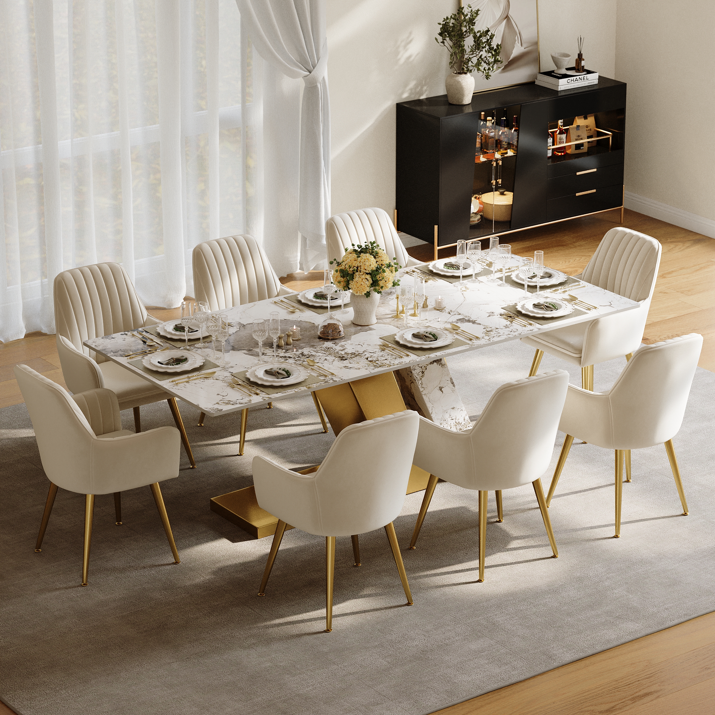 Modern 2200mm Rectangle Sintered Stone Dining Table with 8 Chairs in Gold