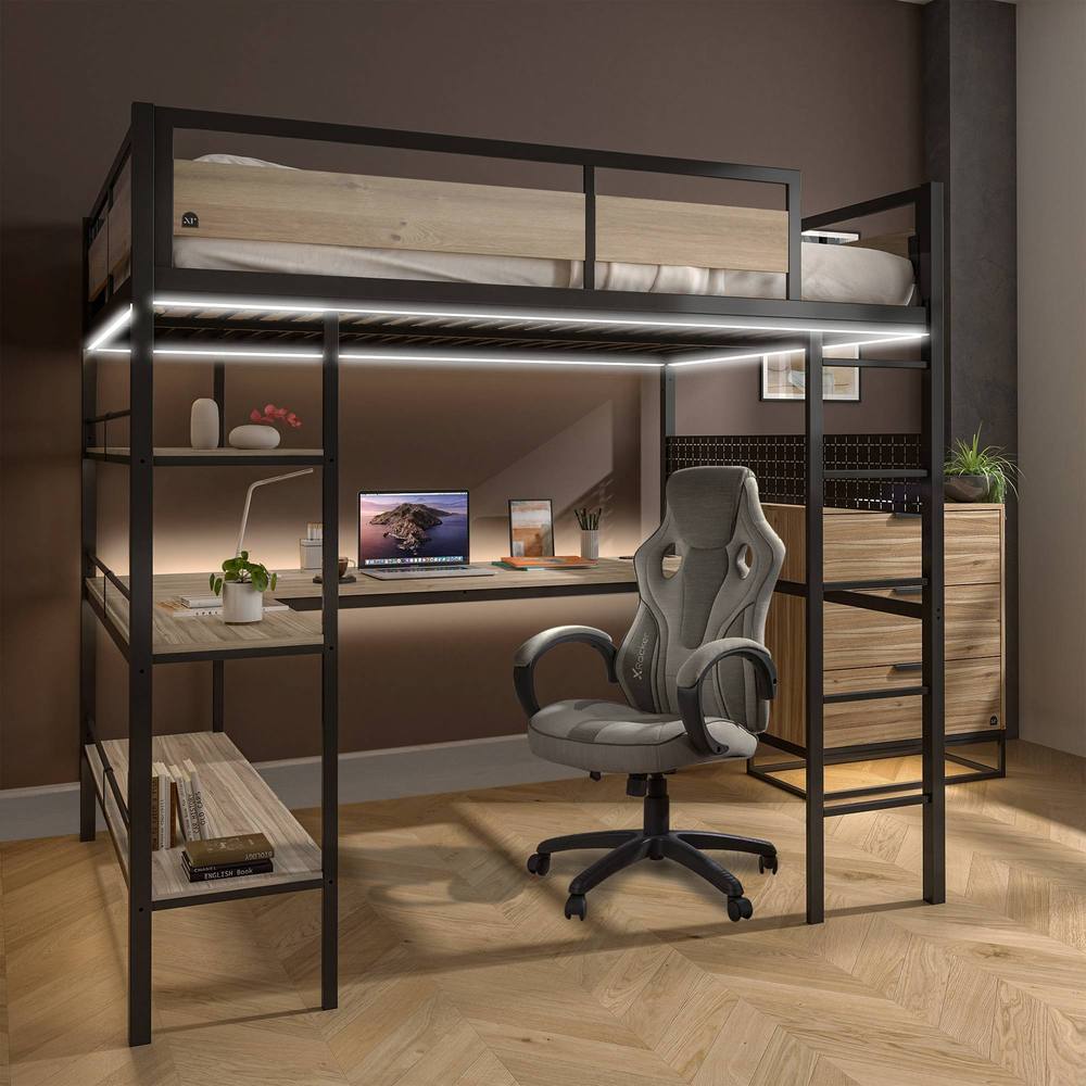 X Rocker Denver High Sleeper Bunk Bed With App Controlled Lights & XL Desk in Light Oak