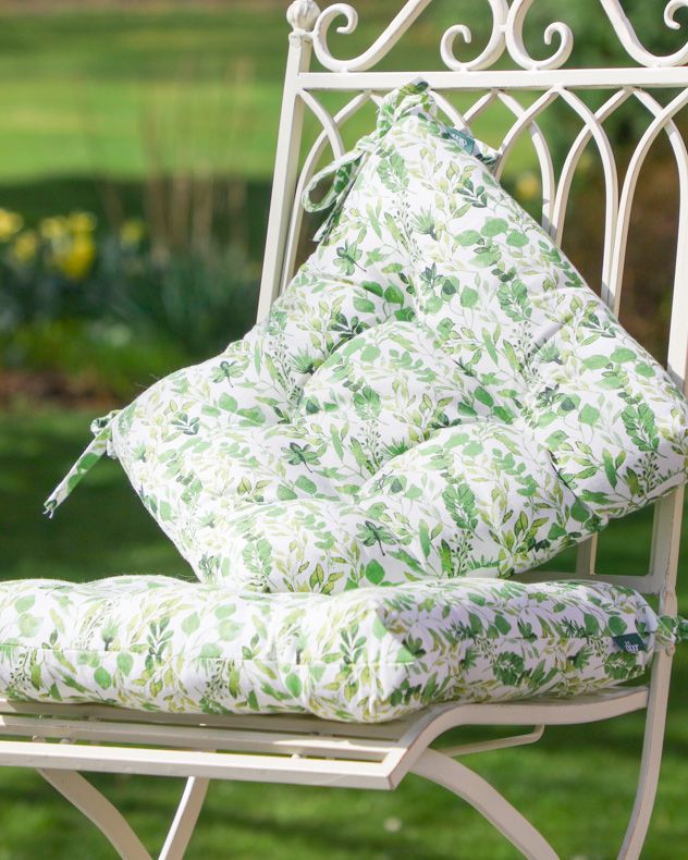 Dibor Set of 2 Green Leaf Print Cotton Outdoor Garden Chair Seat Pad Cushions L40cm x W40cm