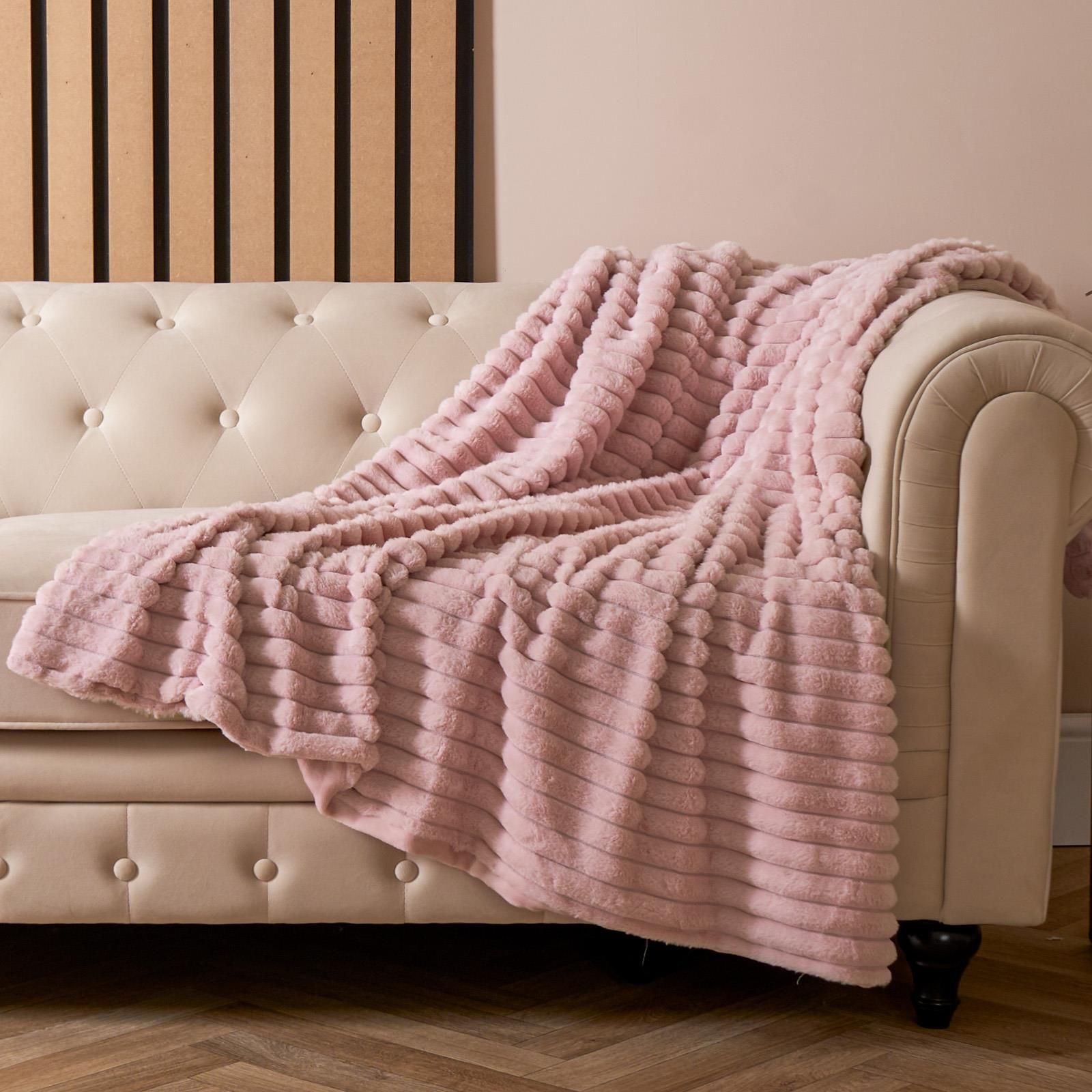 OHS Faux Fur Ribbed Fleece Throw Over Bed Blanket Winter Warm Supersoft in Pink
