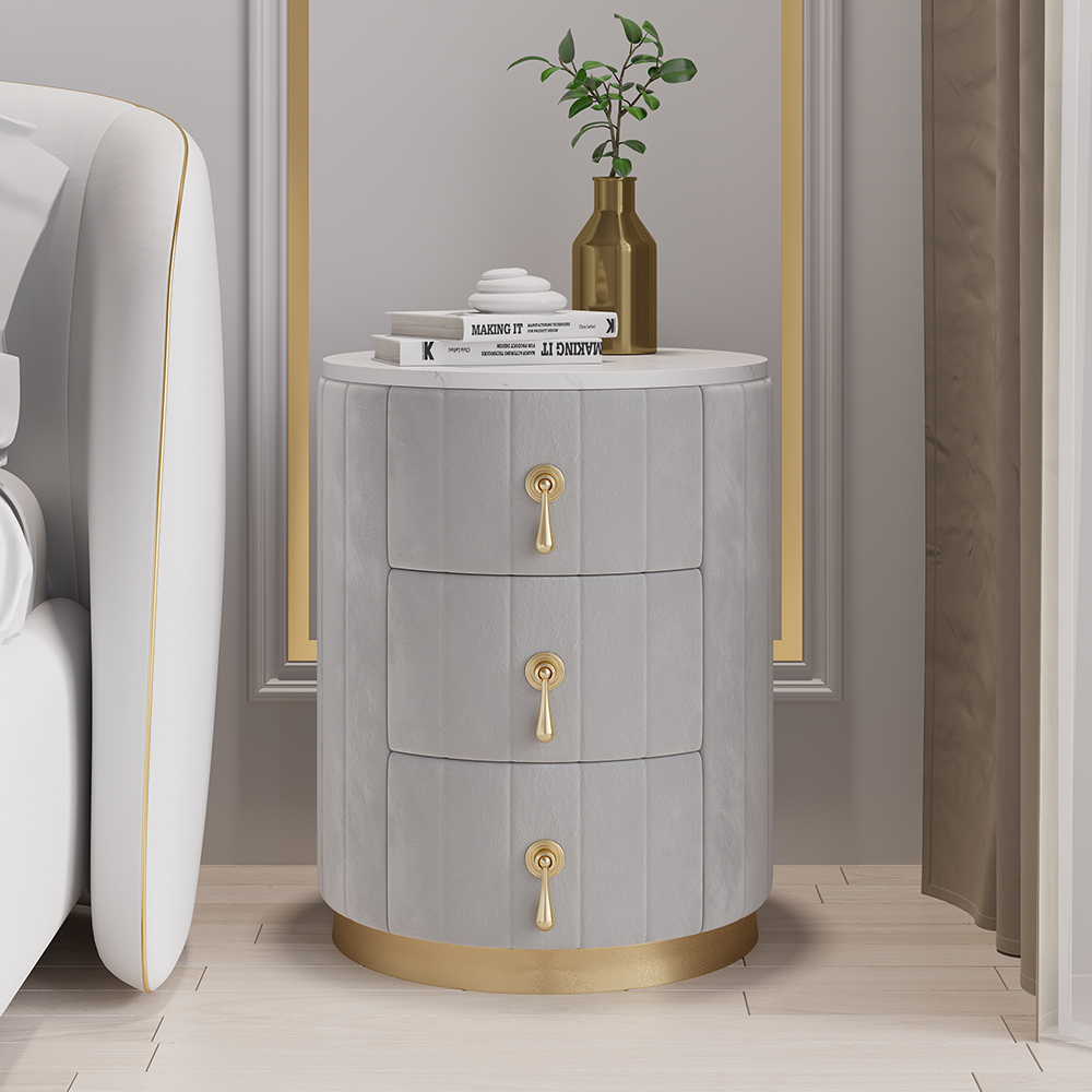 Modern Bedside Table Grey Round Bedside Table with 3 Drawers Bedside Table with Storage