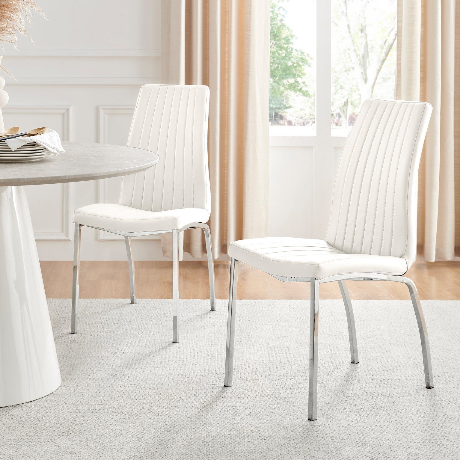 FurnitureboxUK Set of 2 Isco Deep Cushioned Soft Touch Faux Leather Dining Chairs With Silver Chrome Metal Legs in White