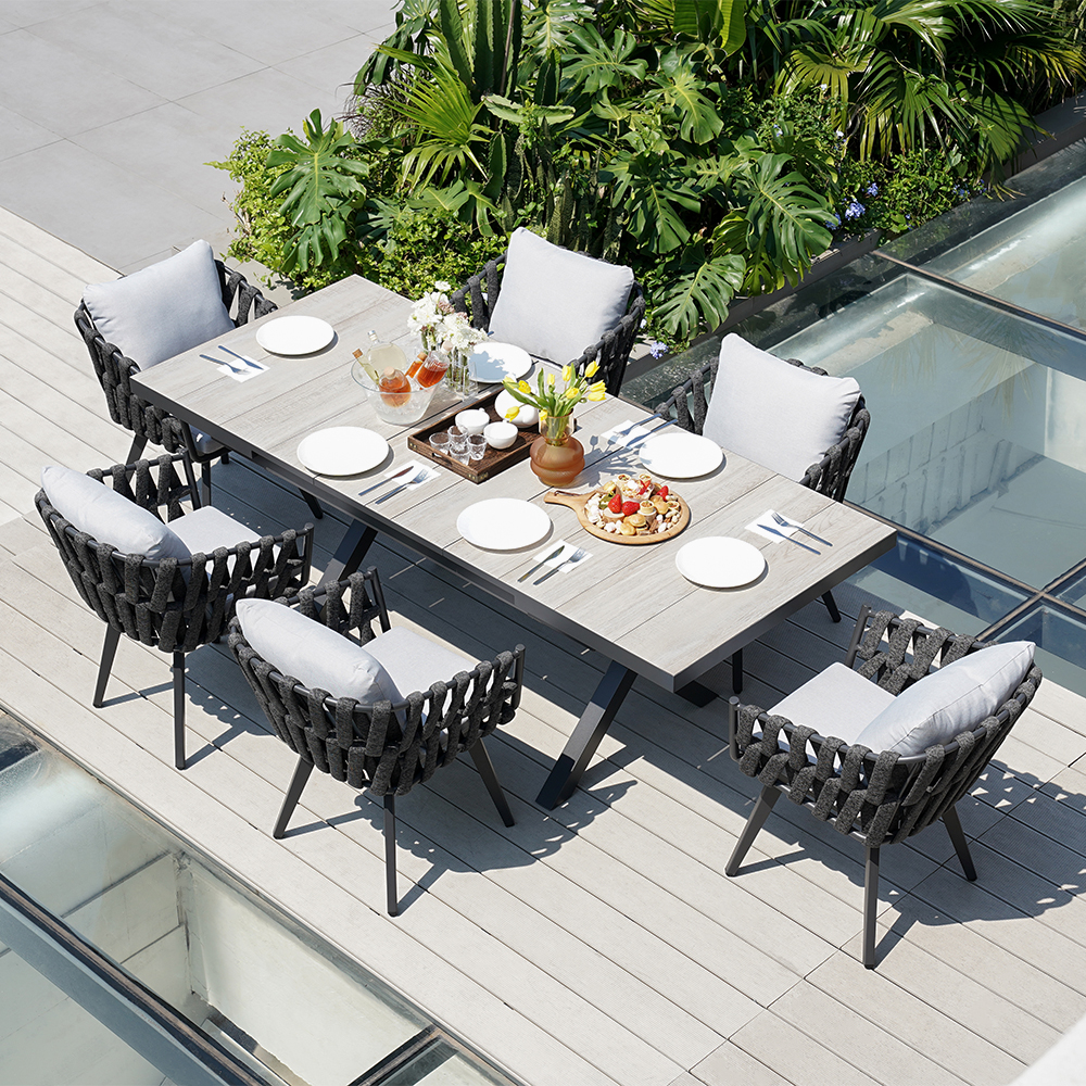 7-Piece Outdoor Extendable Dining Set with 6 Rope Weave Chairs (1631 mm - 2141 mm) in Grey