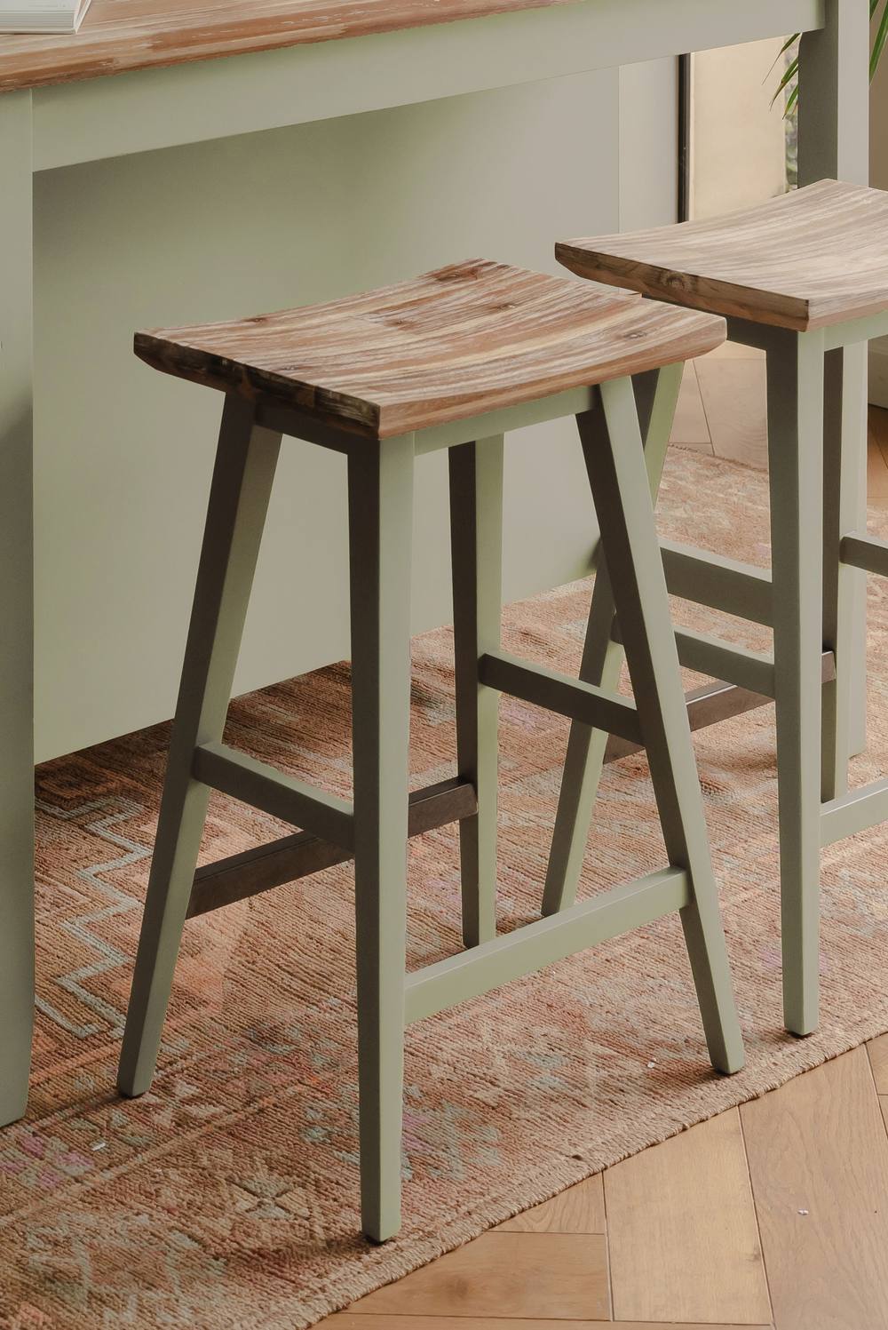 Statement Furniture Florence Bar Stool, Acacia Hardwood Rectangular Seat in Light Green
