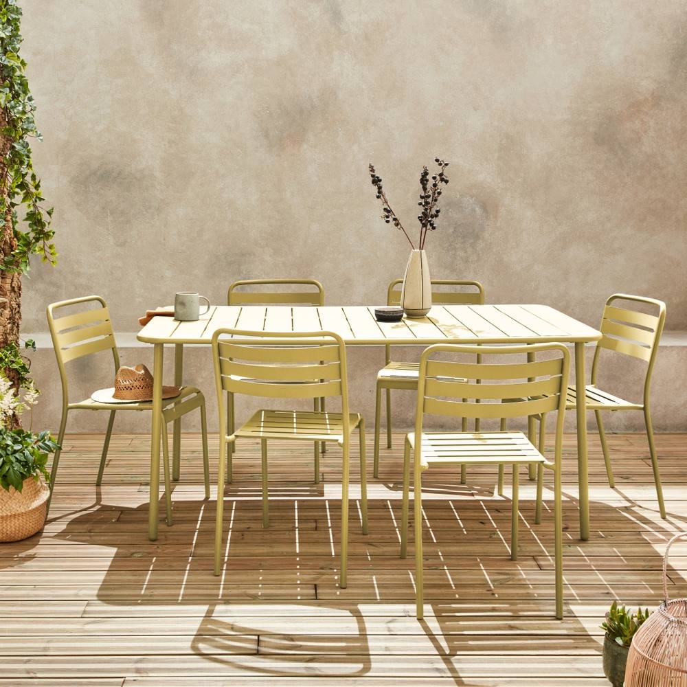 sweeek 6-8 Seater Rectangular Steel Garden Table Set With 6 Chairs in Yellow
