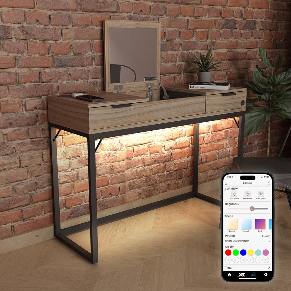 X Rocker Denver Dressing Table, Wireless Charging & App Control LED Lights in Light Oak