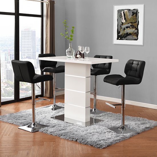 Parini High Gloss Bar Table In White With 4 Candid Black Stools
