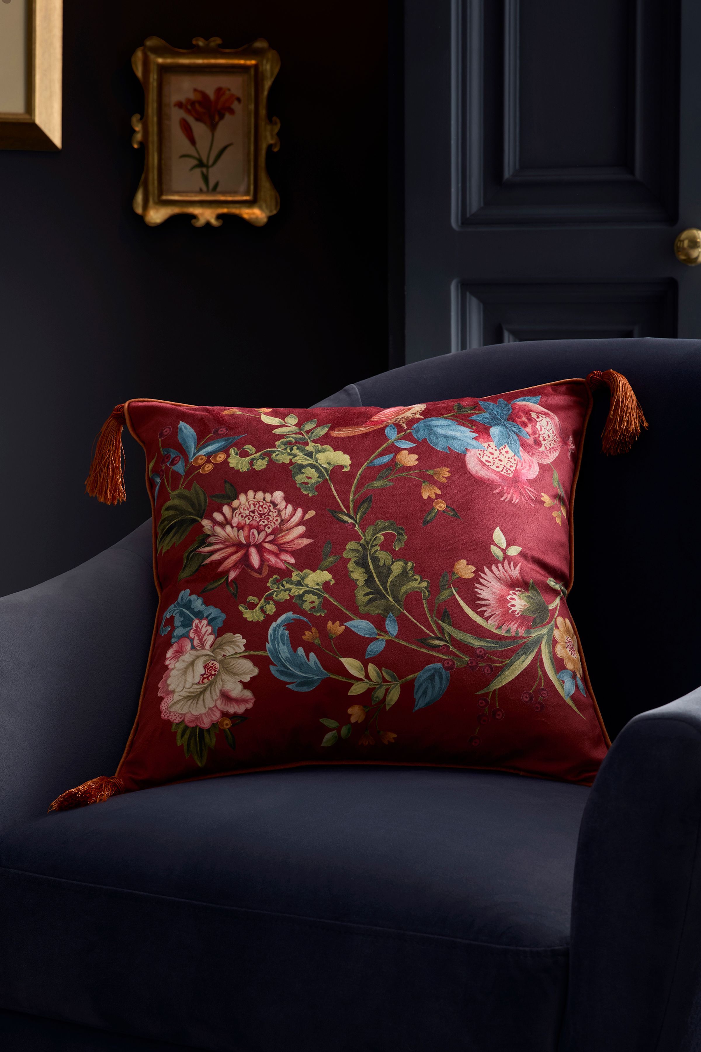 Dreams & Drapes 'Bejewelled' Hand Painted Floral Print Velvet Filled Cushion in Red