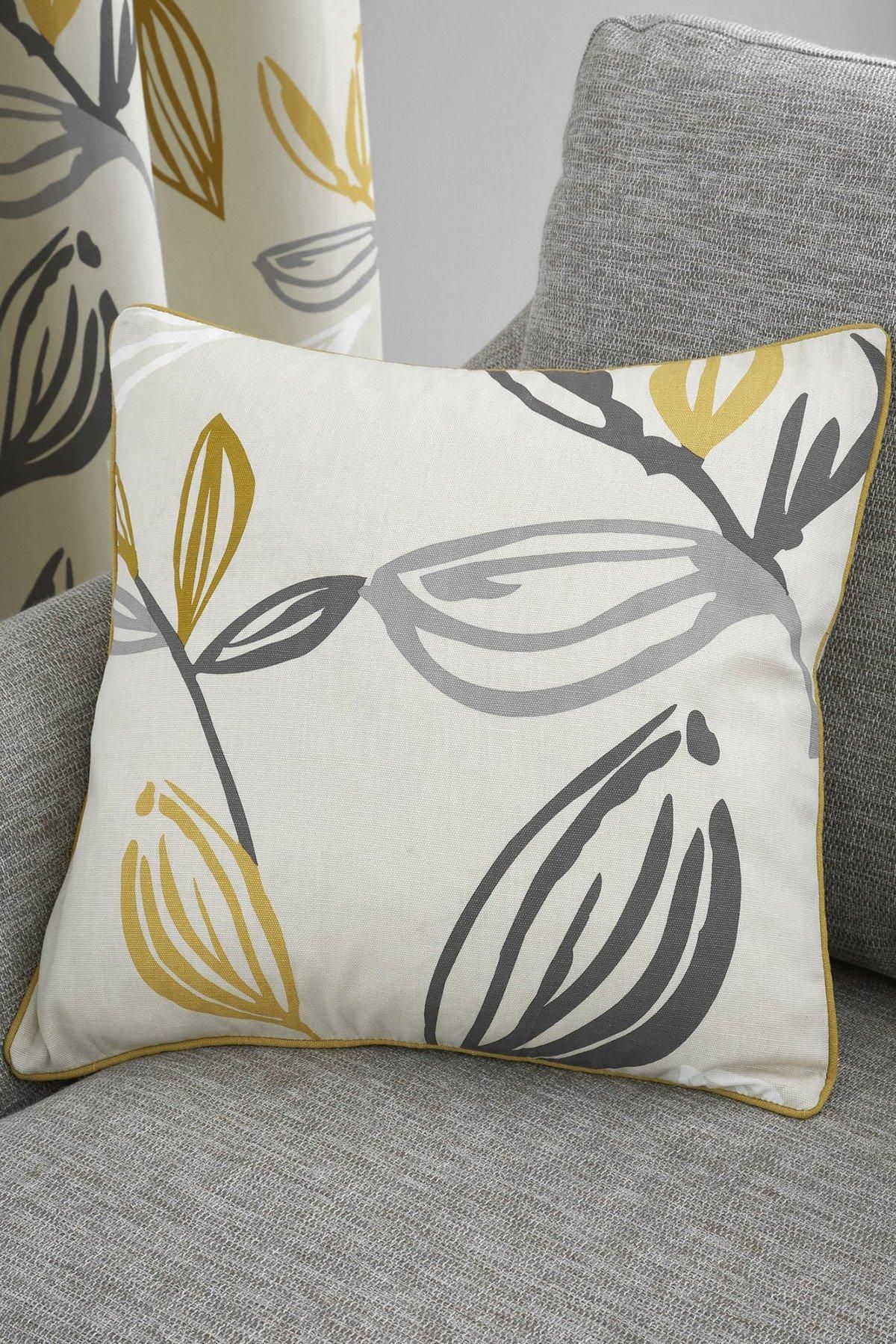 Fusion 'Ensley' Minimalist Leaf Print Filled Cushion 100% Cotton in Mustard