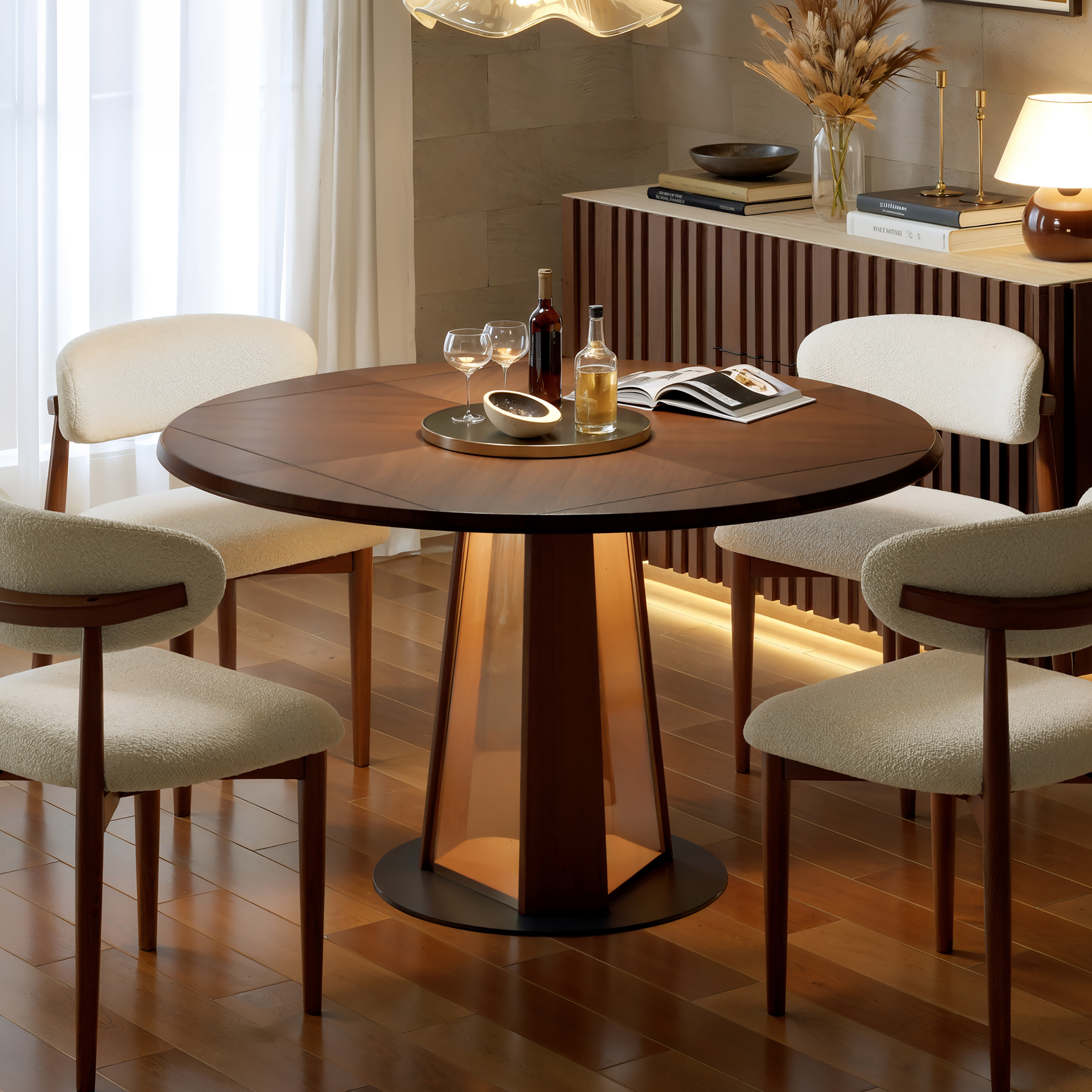 920 mm-1200 mm Solid Wood Extendable Dining Table with Light