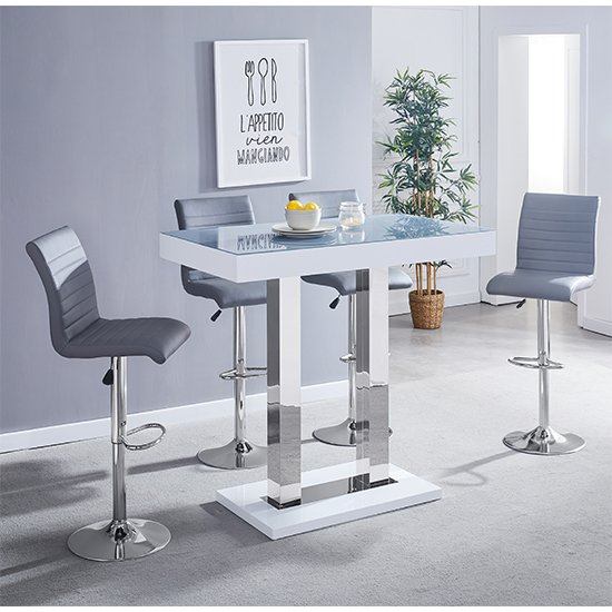 Caprice White Grey Glass Bar Table With 4 Ripple Grey Stool