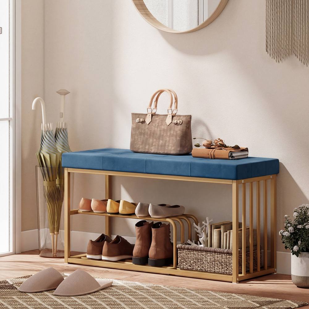 HOMCOM Shoe Storage Bench with Seat Cushion Tufted Shoe Rack Bench in Dark Blue