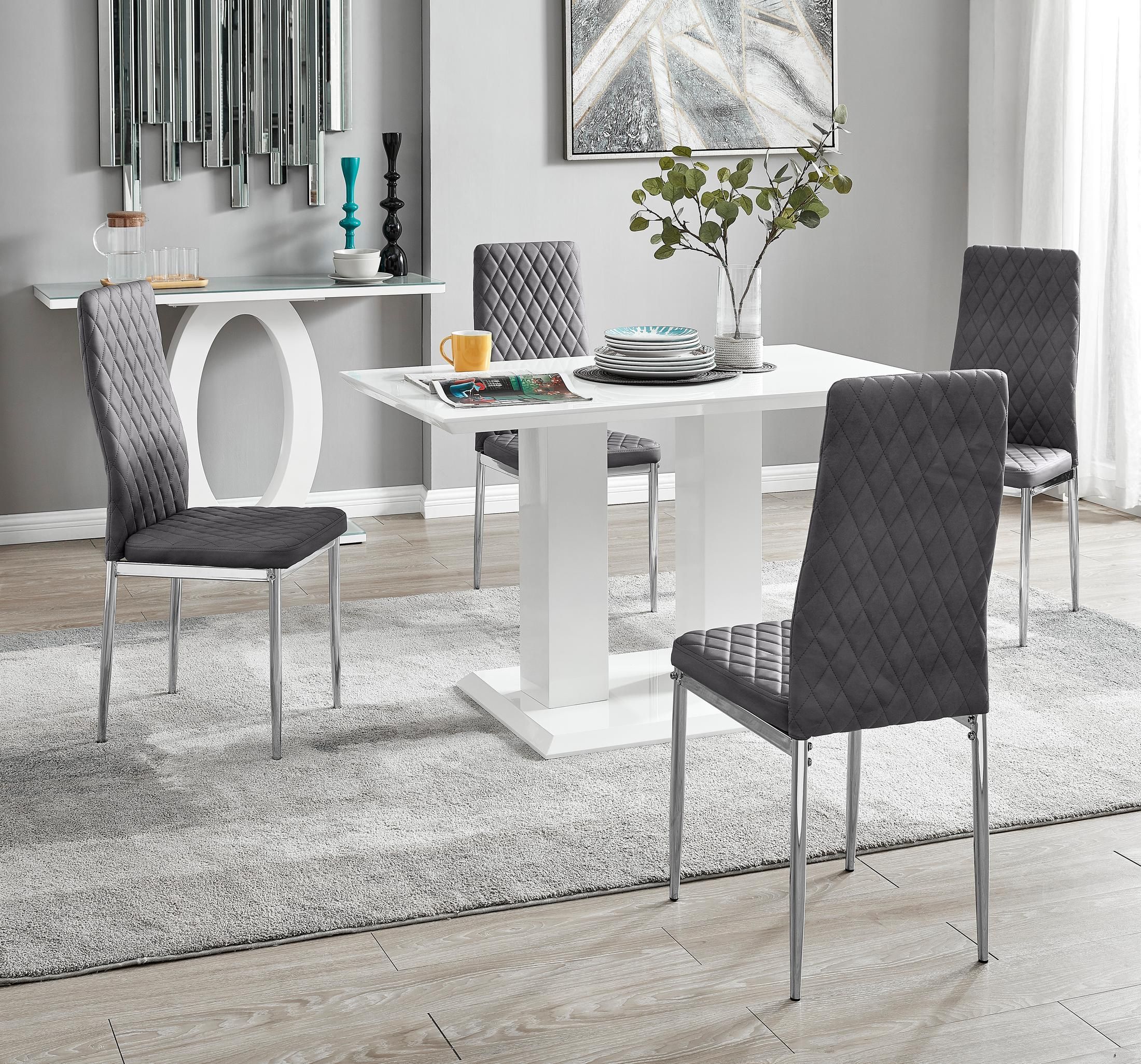 FurnitureboxUK Imperia 4 Seater Modern White High Gloss Rectangular Dining Table & 4 Milan Velvet Chairs in Grey