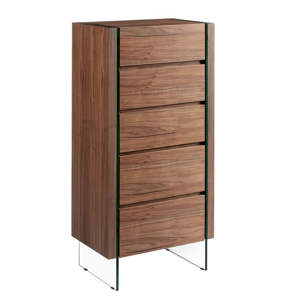 Angel Cerda Walnut Veneer Chiffonier with Tempered Glass Legs, 5 in Brown
