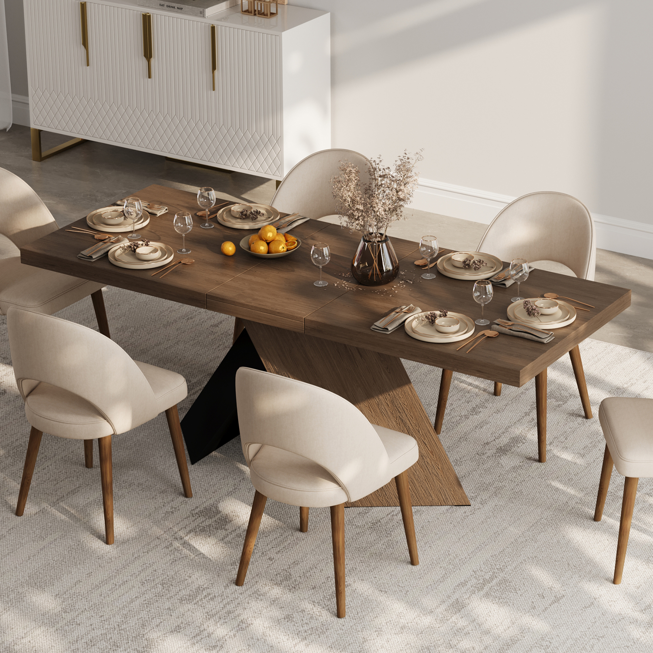 1600mm-2000mm Extendable Walnut Dining Table & 4 Walnut Japandi Rattan Dining Chairs