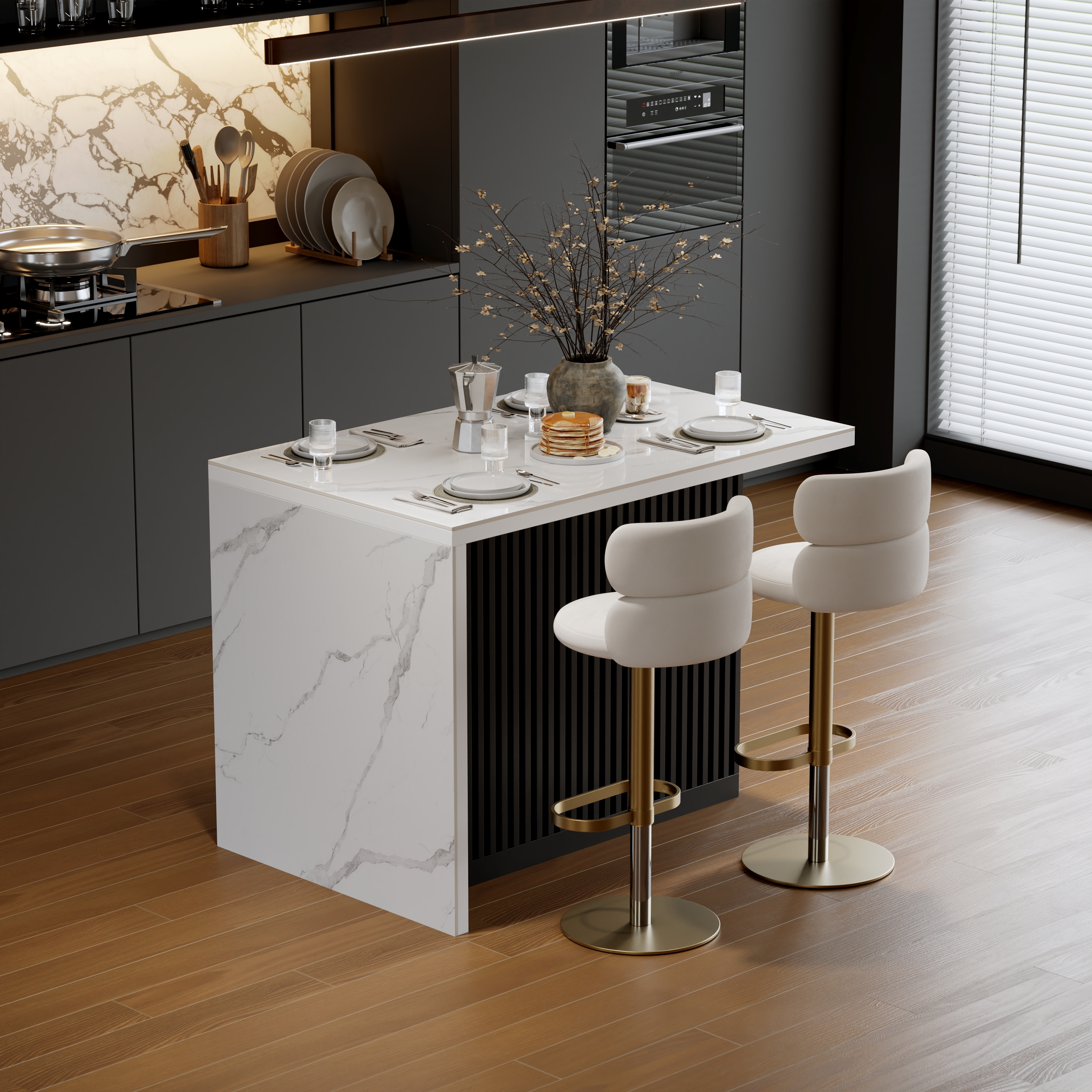 Modern 130 cm Glossy Sintered Stone Kitchen Island with Storage, White & Black