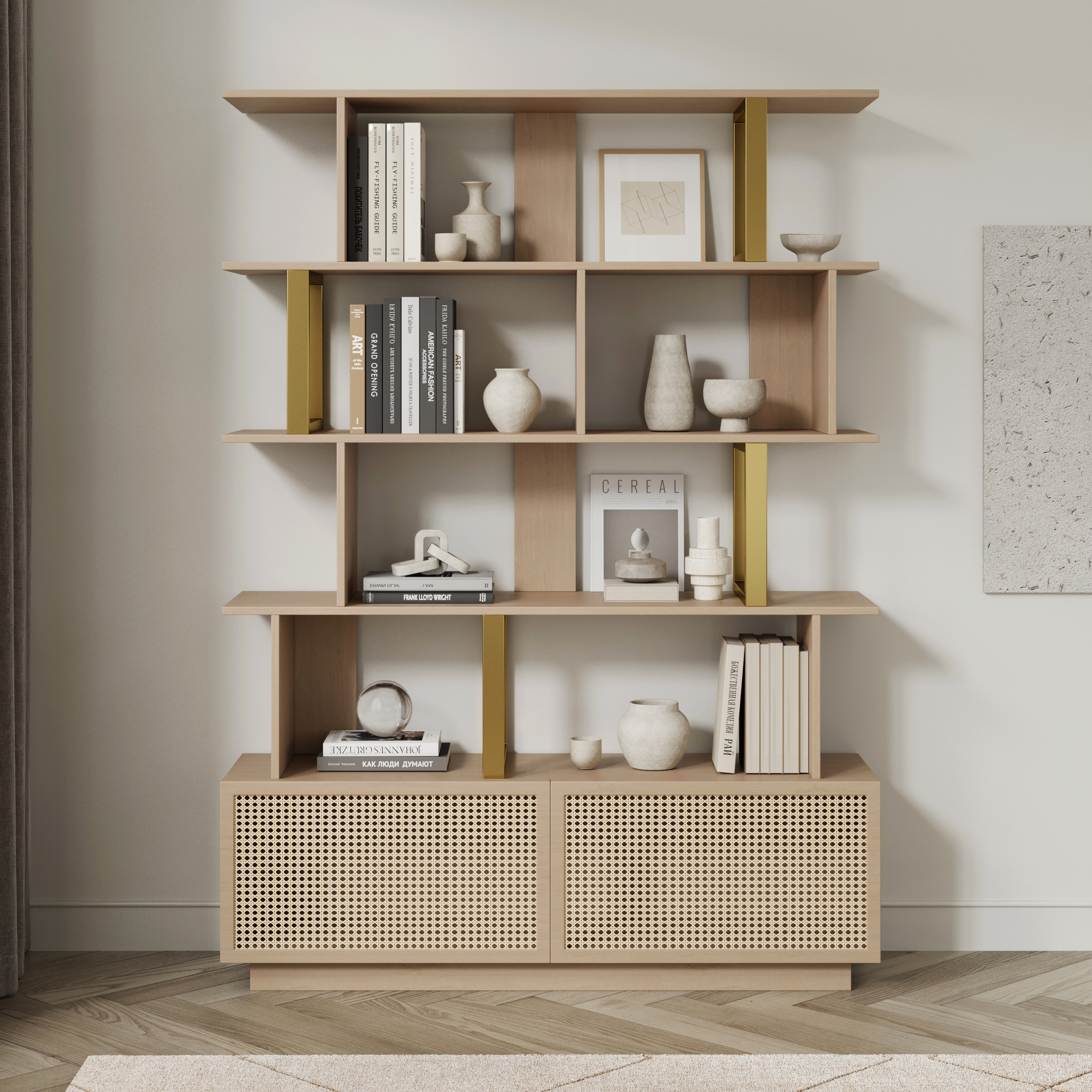 5-Tier Whitewash Bookshelf with 2 Drawers Wooden Bookcase in Gold (165 cm High)