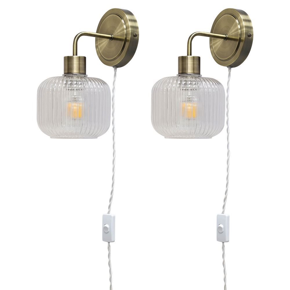 First Choice Lighting Set of 2 Toby - Antique Brass Plug in Wall Lights Ribbed Glass Shades in Gold