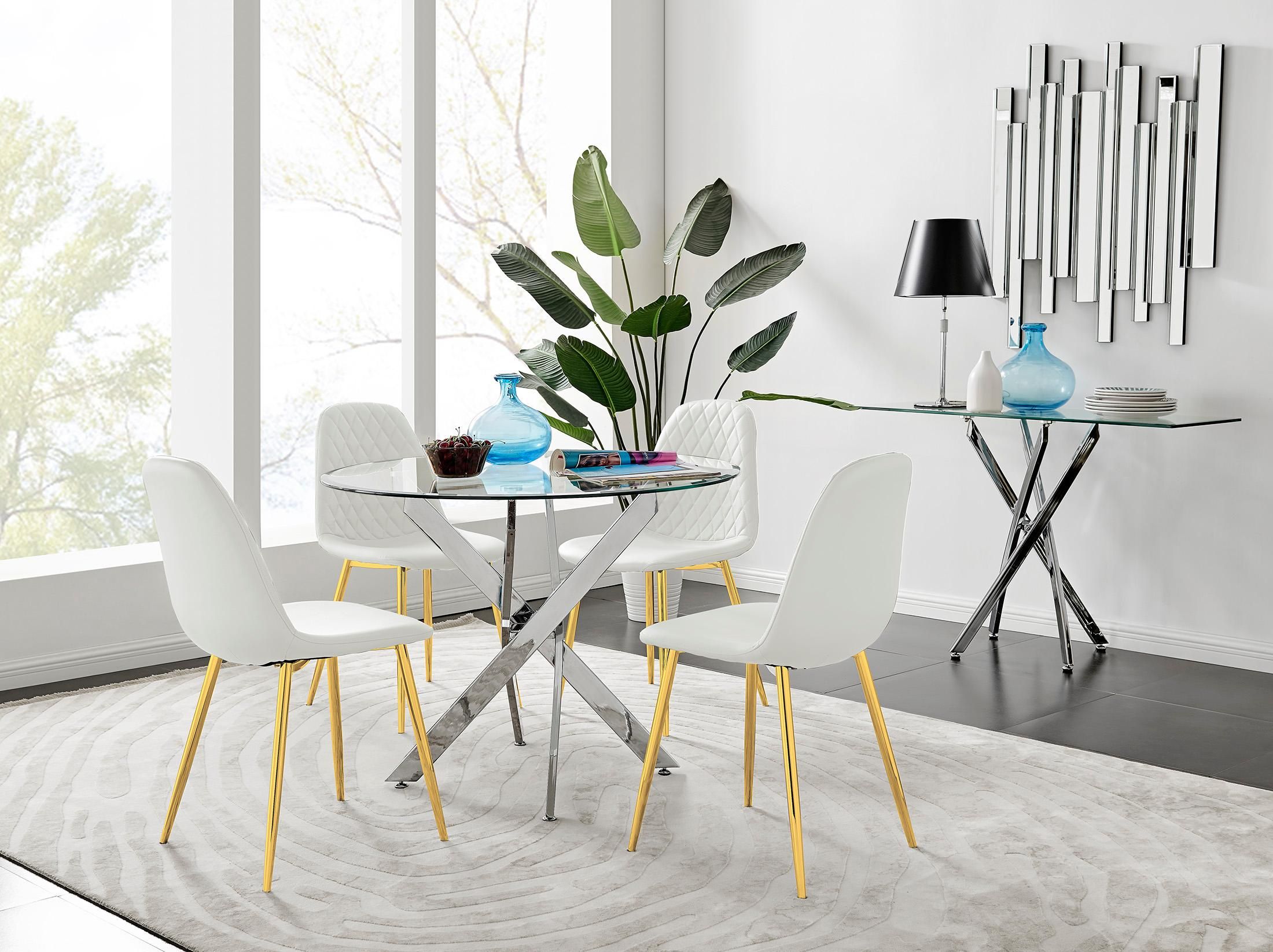 FurnitureboxUK Novara Chrome Metal 100cm Round Glass Dining Table & 4 Corona Gold Dining Chairs in White