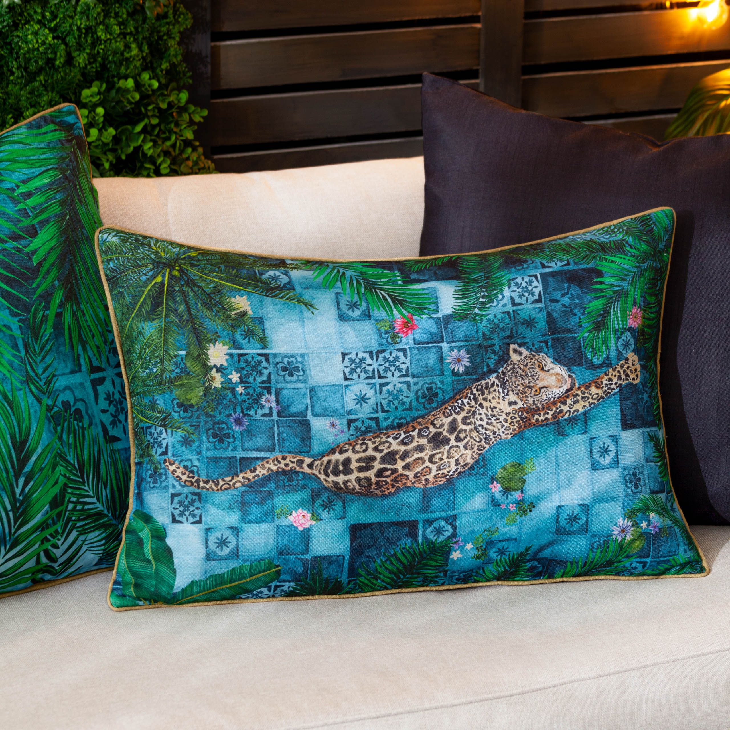 Paoletti Majorelle Leopard Moroccan Piped Outdoor Cushion in Blue