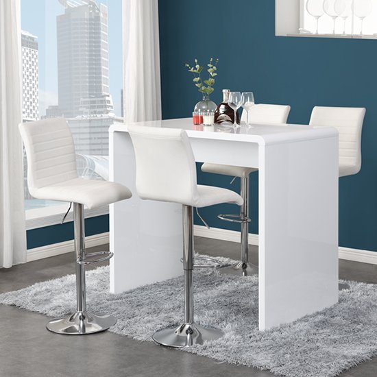 Glacier Gloss Bar Table In White With 4 Ripple White Stools