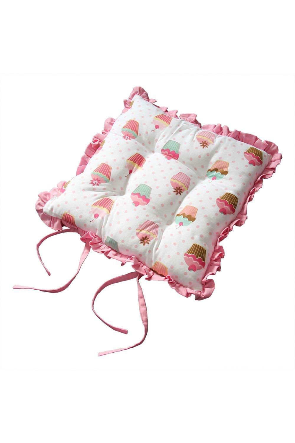 Homescapes Reversible Pink Frilled Cushion Seat Pad with Ties Cup Cakes