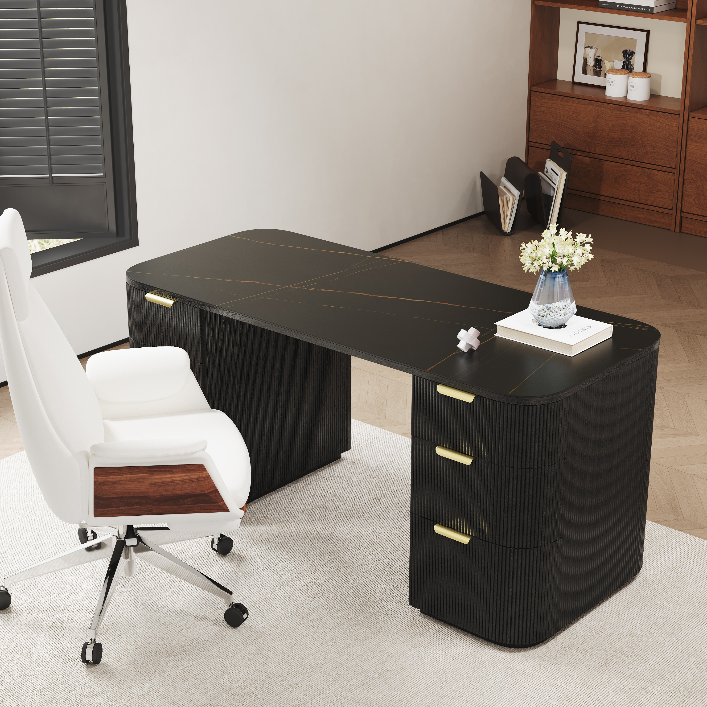Modern Black Wood Rectangle Desk & Reclining Leather Office Desk Chair (63.8")