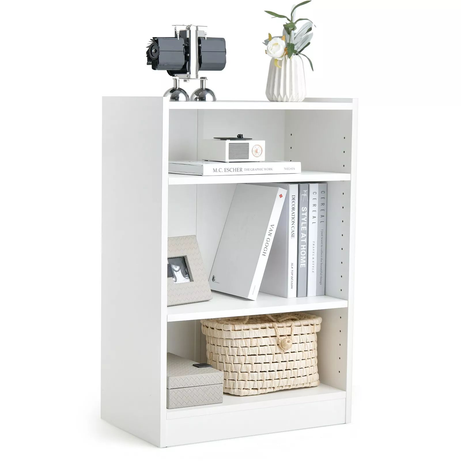 Costway 3-Tier Adjustable Bookcase Bookshelf Modern Display Cabinet w/ Anti-toppling Device in White