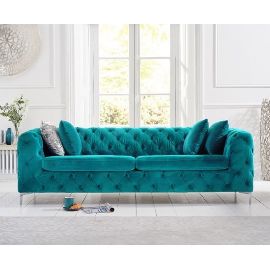 Sabine Velvet Three Seater Sofa In Plush Teal With Metal Legs