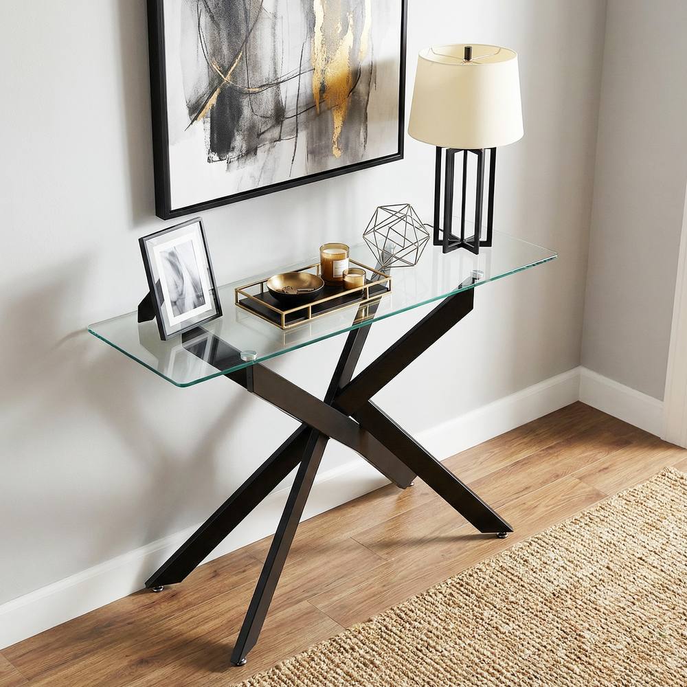 Costway Glass Console Table 115CM Entryway Table w/ Clear Tempered Glass Top in Black