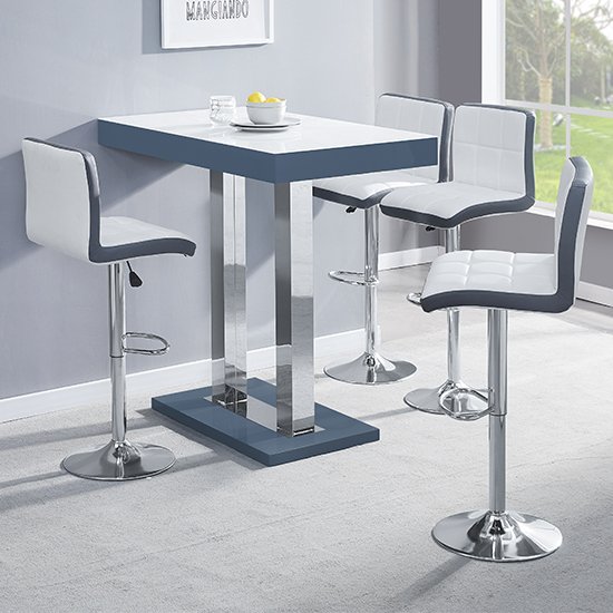 Caprice Grey White Gloss Bar Table With 4 Copez White Grey Stool