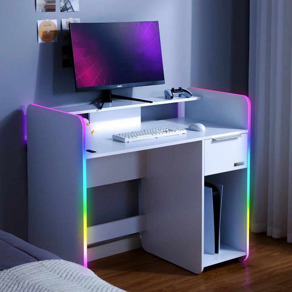 X Rocker Electra 110cm LED Gaming Desk with Wireless Charging & Drawer in White