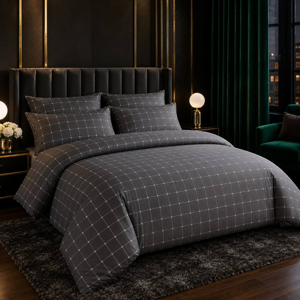 Grace Premium Microfiber Checkered Duvet Cover Set in Charcoal